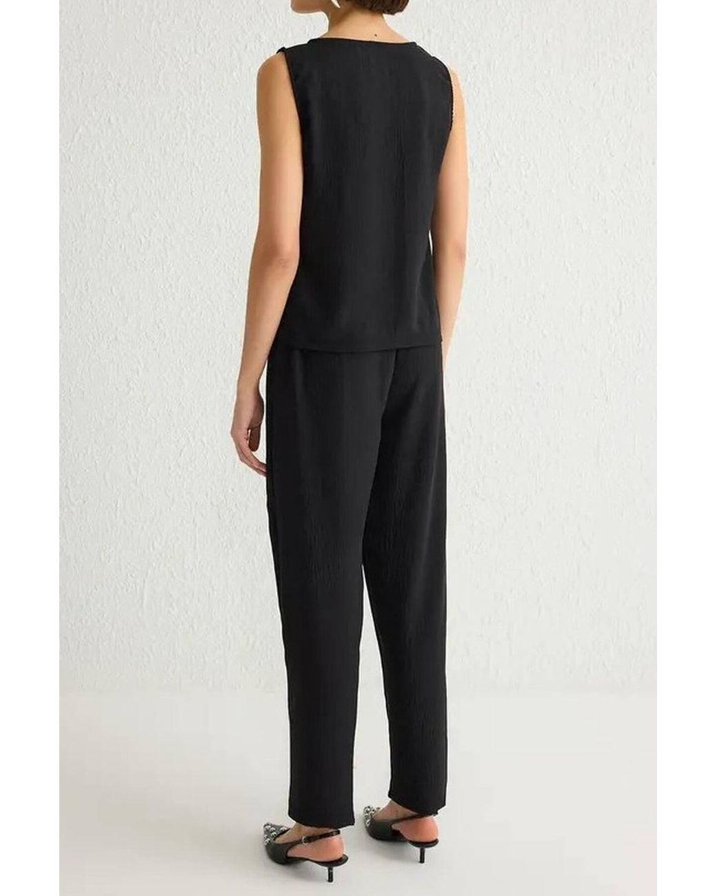 WOVCOR Black Sleeveless Textured Wide Leg Co Ord Set W/ Tie Waist