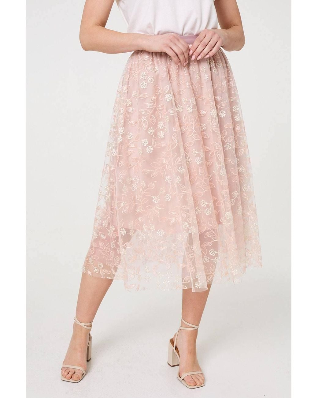 Izabel London Pink Floral Mesh Layered Midi Skirt