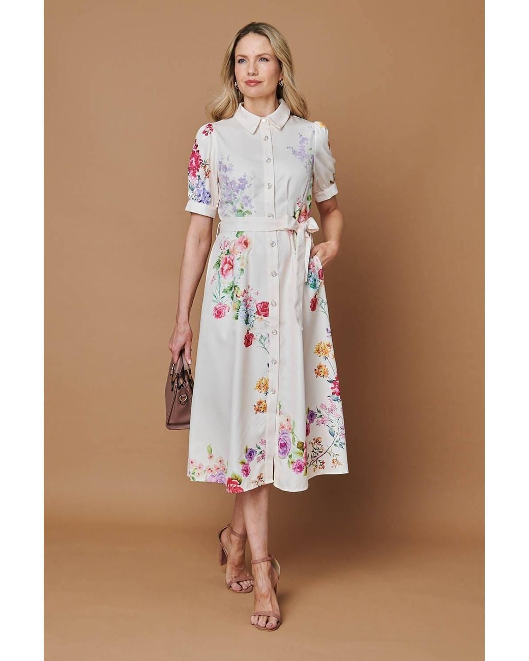 Izabel London Brown Floral 1/2 Sleeve Tie Waist Midi Dress