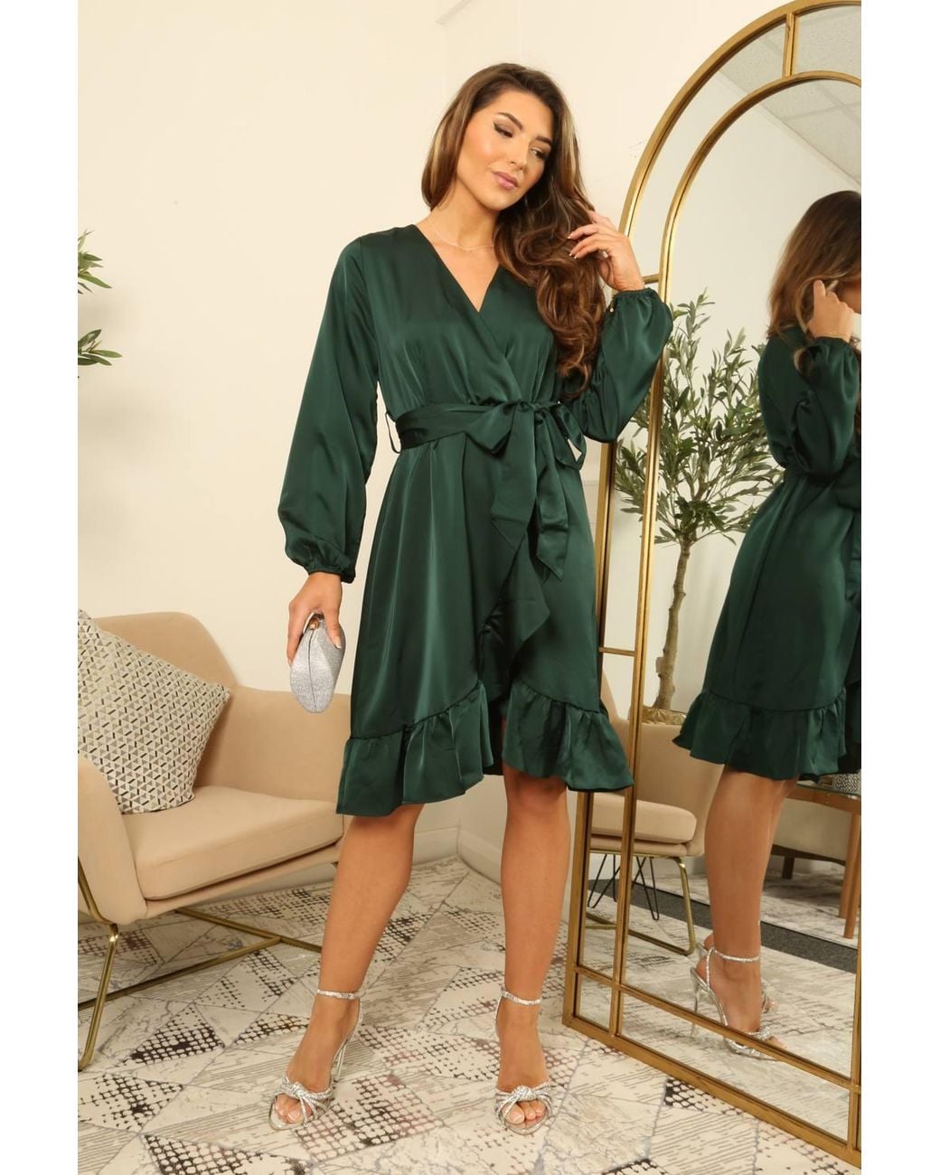 Double Second Green Frill Satin Wrap Dress