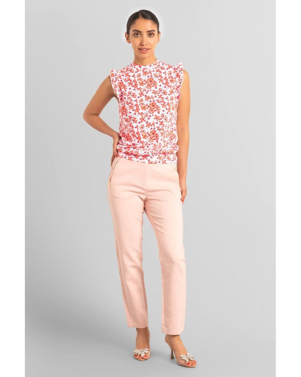 Enorsia Pink Floral Printed Smocked Hem Frill Top