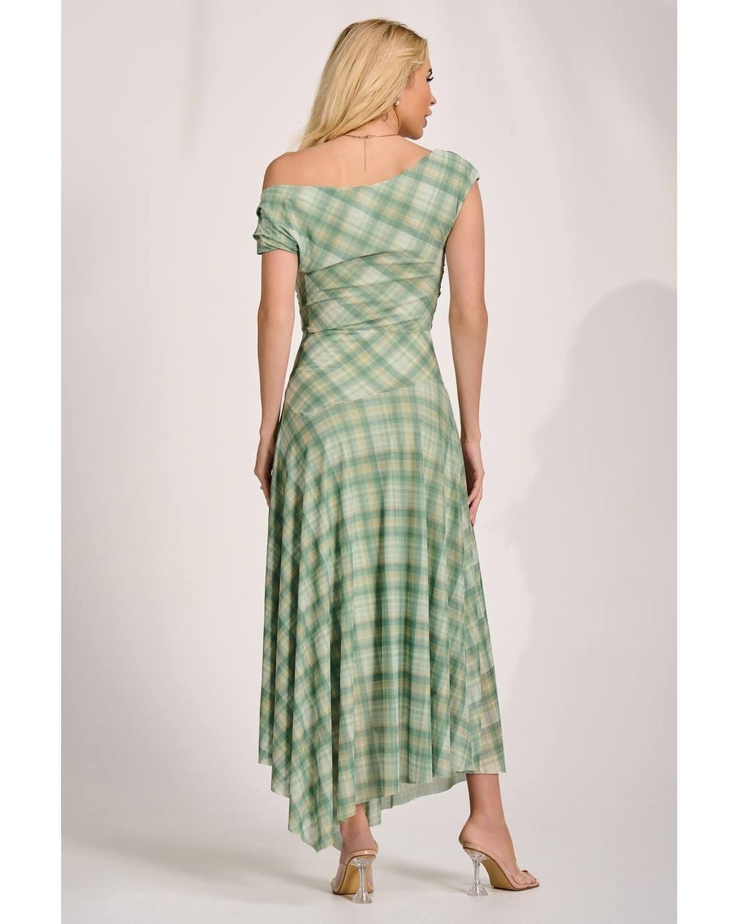 Jolie Moi Green Asymmetric Draped Mesh Maxi Dress