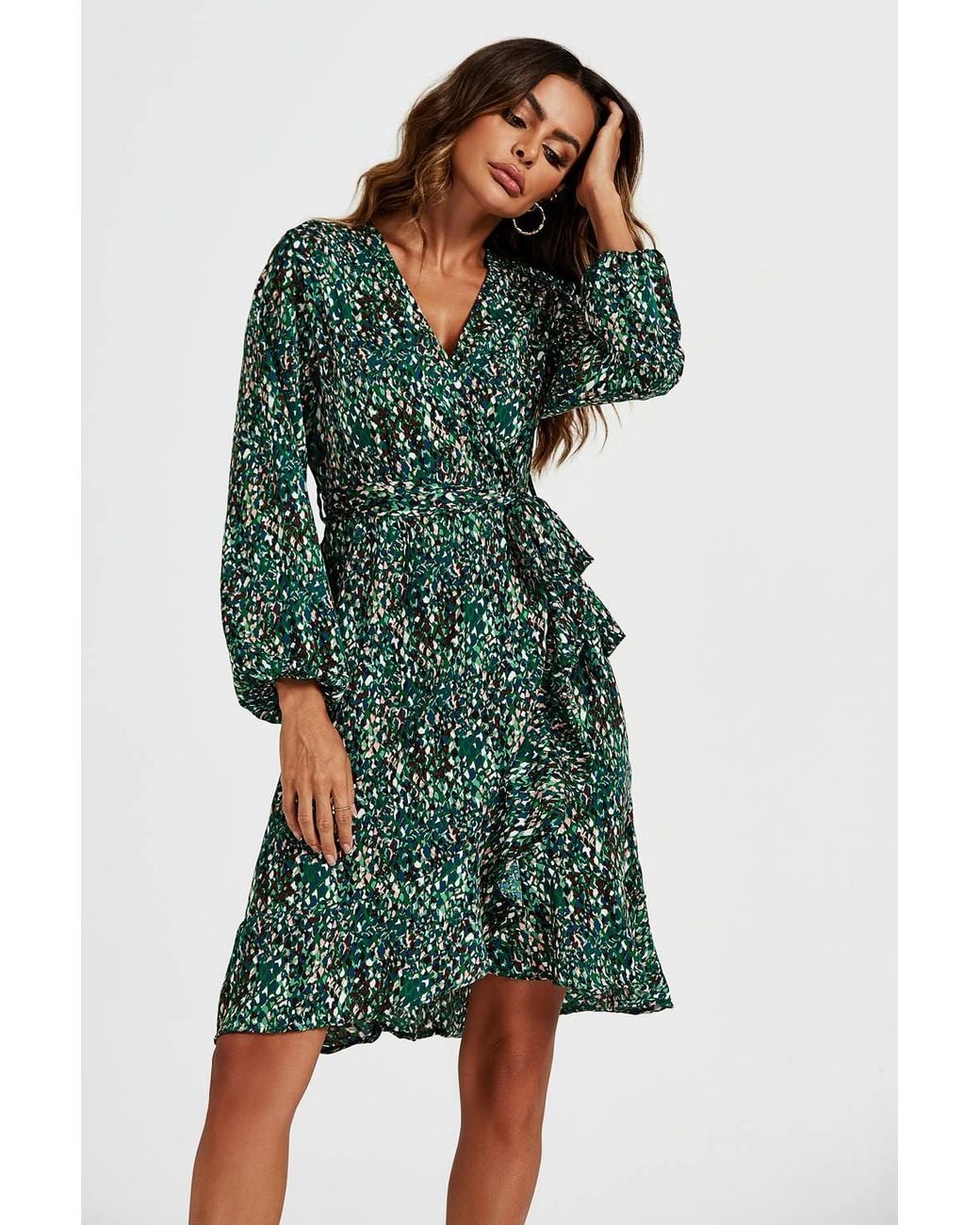 FS Collection Green Wrap Top Midi Dress