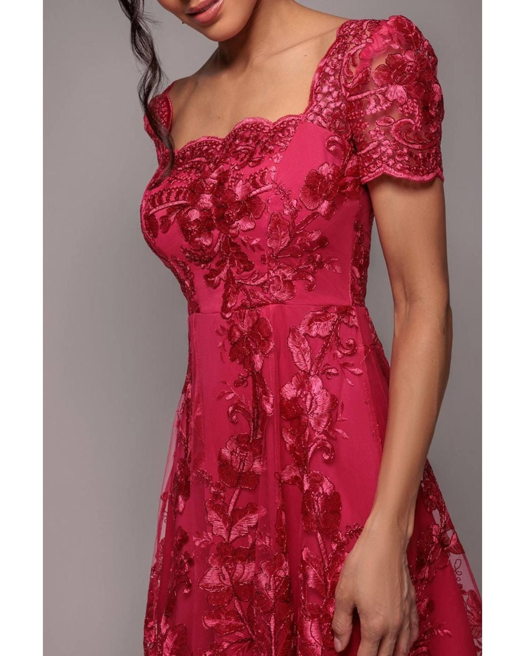 Goddiva Scalloped Neck Embroidered Lace High Low Midi Dress