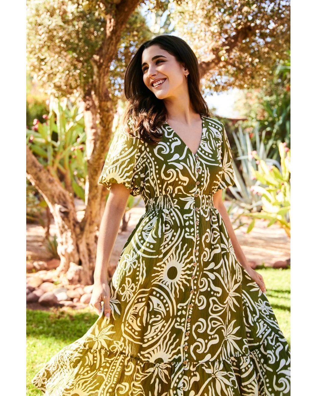 Blue Vanilla Green Elasticated Waist Short Sleeve Button Up V-Neck Midi Dress