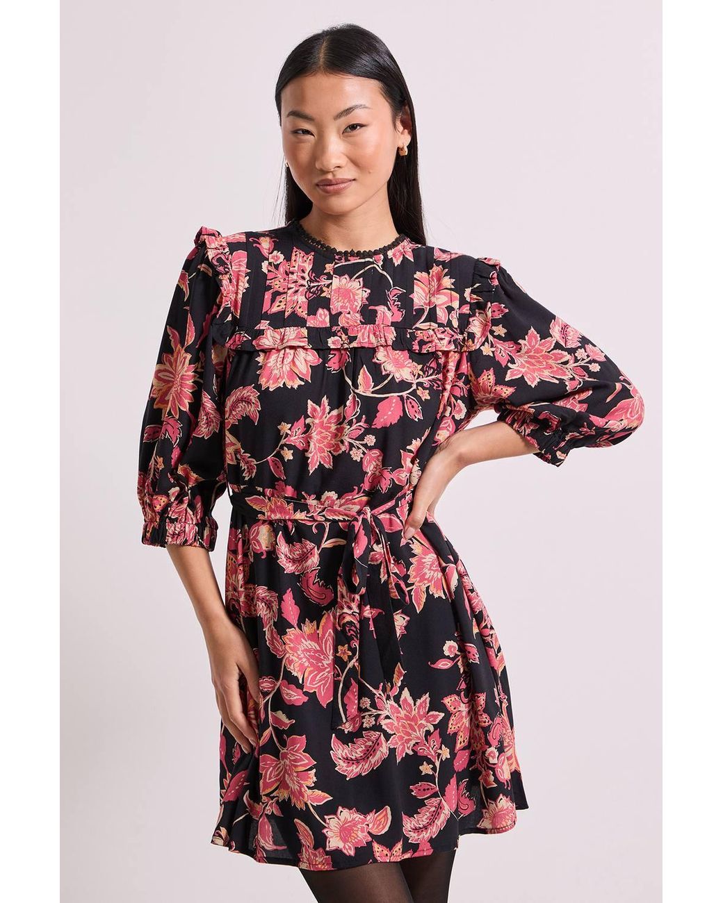 Dorothy Perkins Red Petite Tie Waist Yoke Frill Detail Printed Belted Mini Dress