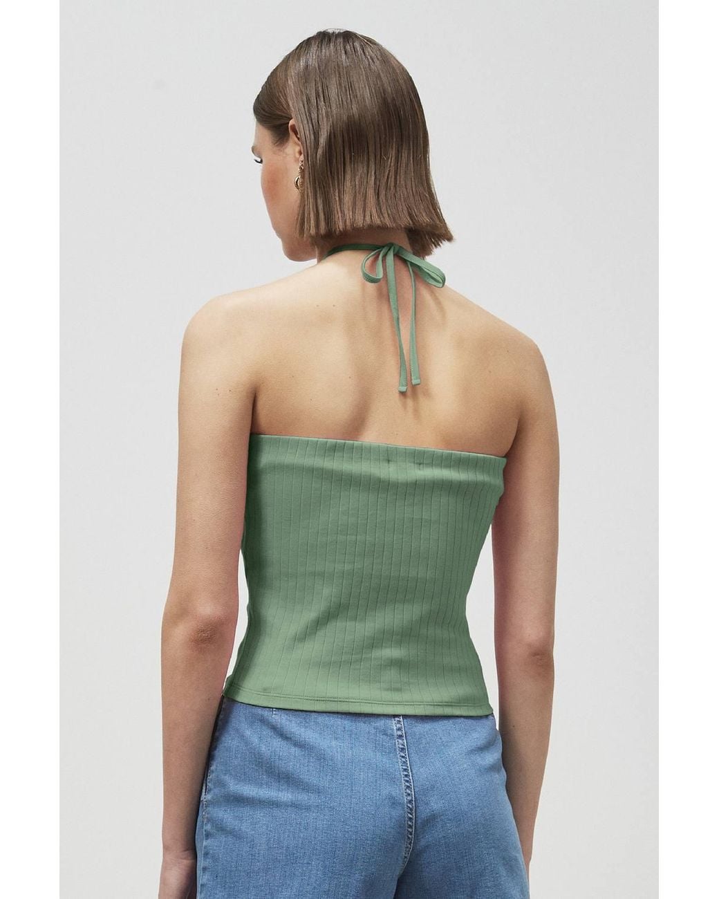 Enorsia Green Halter Neck Ribbed Cami Vest Top