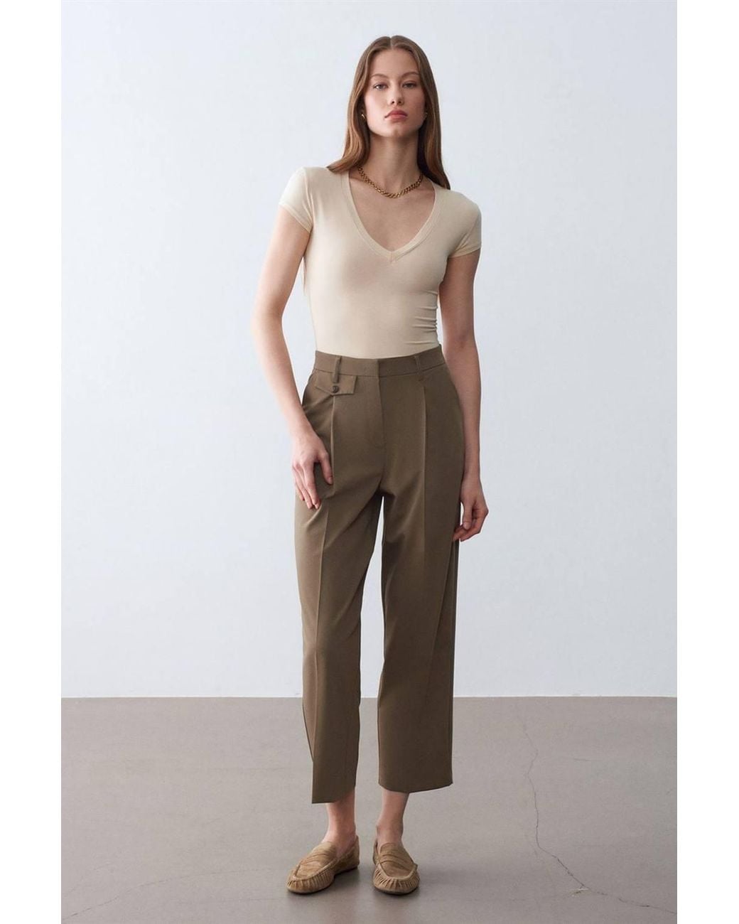 Dilvin Natural Slim Fit V-Neck Jersey Blouse