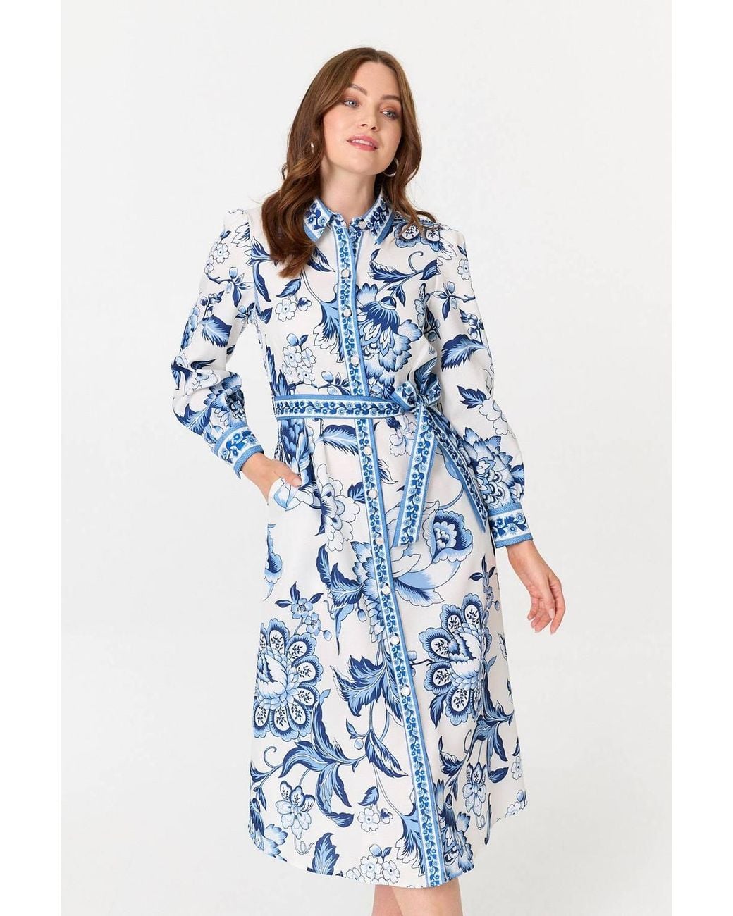 Izabel London Blue Floral Print Tie Belt Midi Shirt Dress