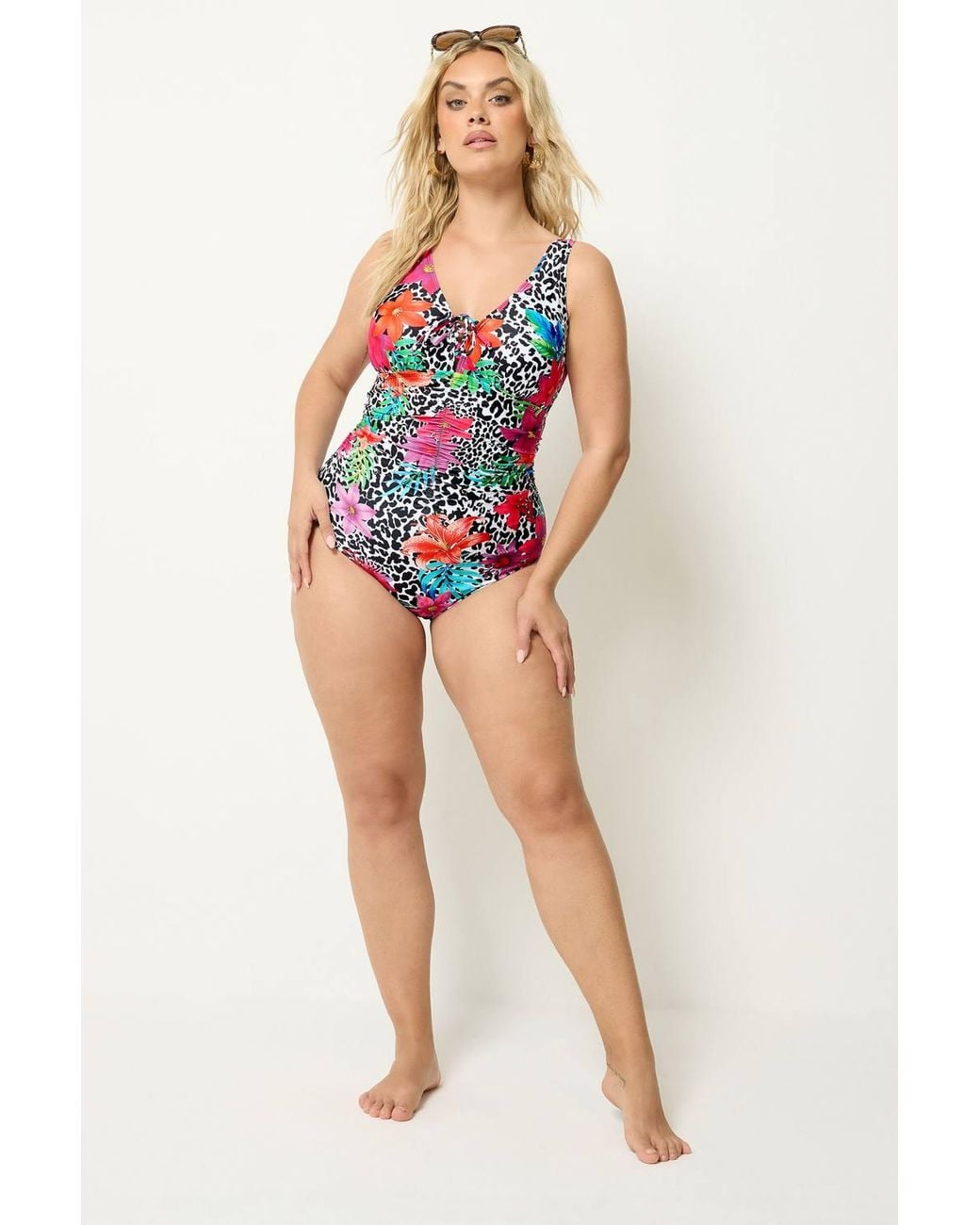 Yours Red Leopard Floral Lace Up Swimsuit