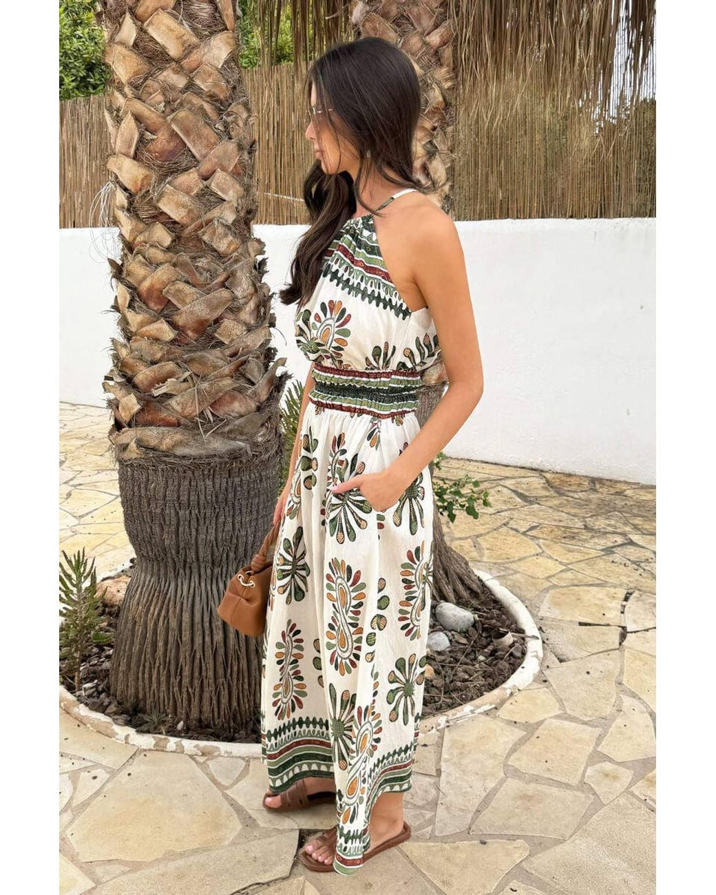 AX Paris Multicolor Multi Boho Print Tie Racer Neck Shirred Waist Midi Dress