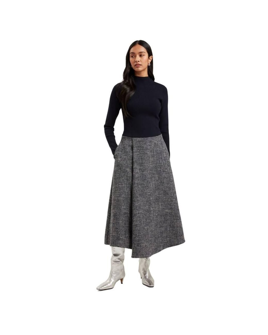 Ted Baker Black Abieb Long Sleeve Round Neck Regular Fit Midi Dress