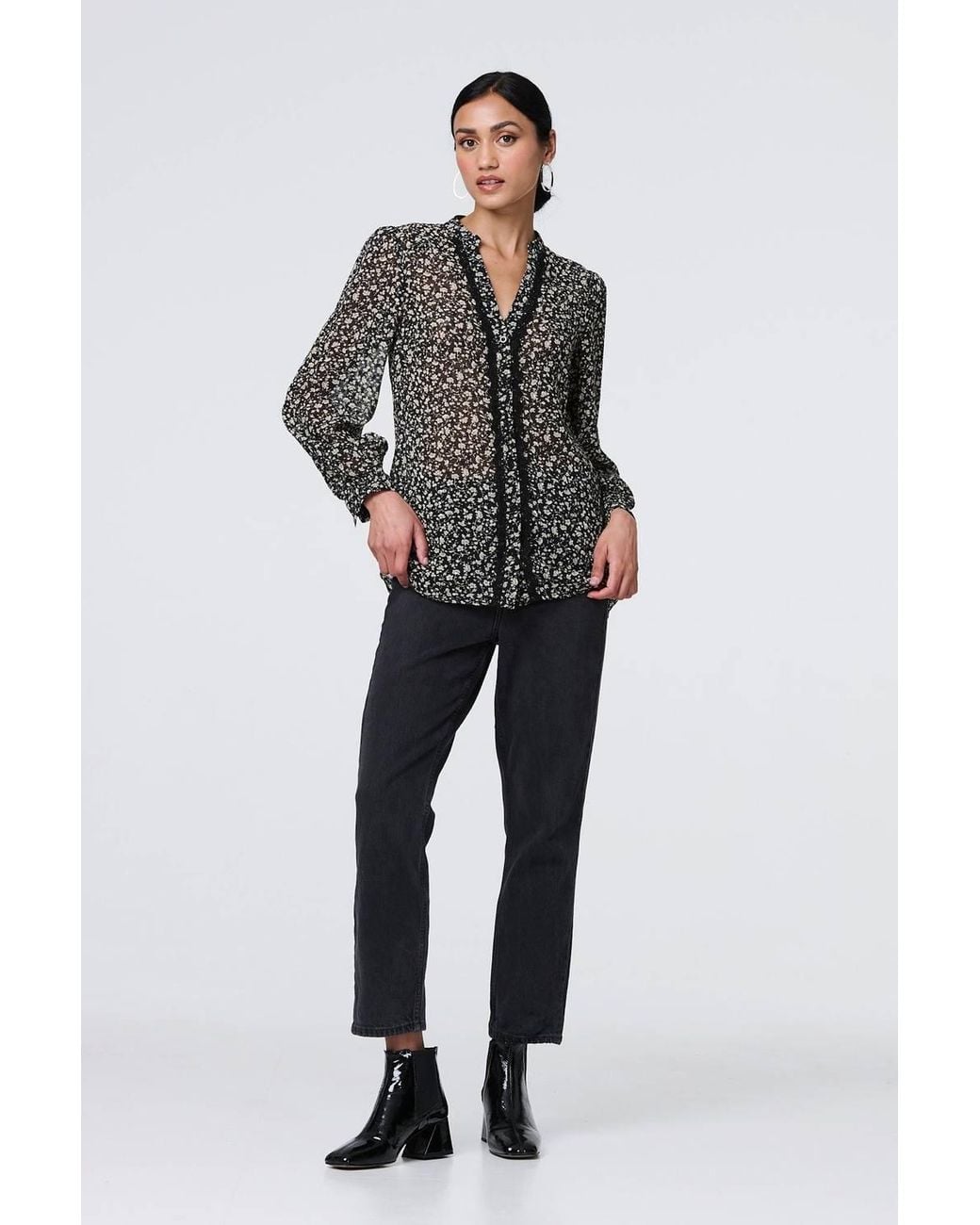 Izabel London Black Ditsy Floral Semi Sheer Long Sleeve Blouse
