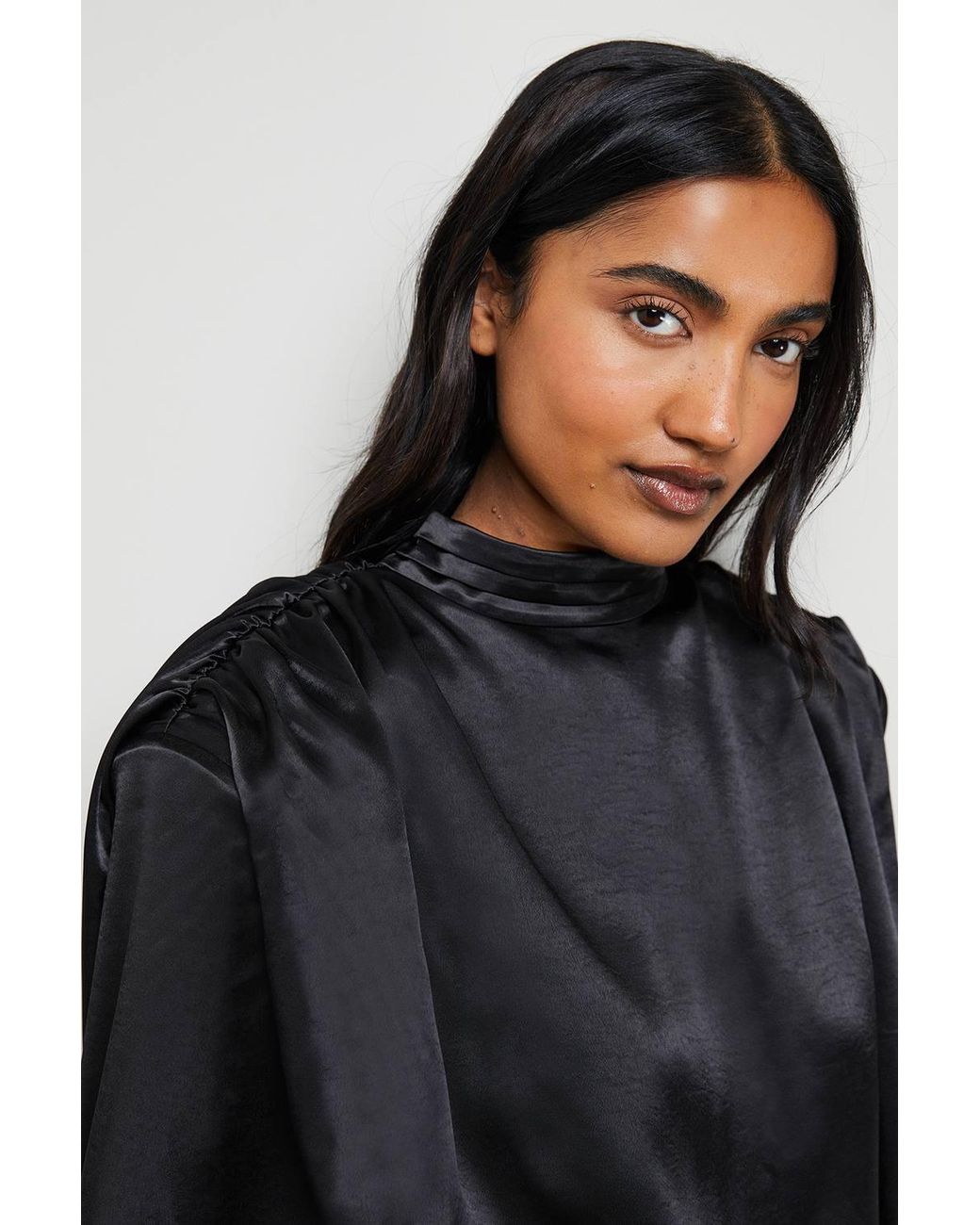 Warehouse Black Extreme Shoulder Draped Satin Mini Dress