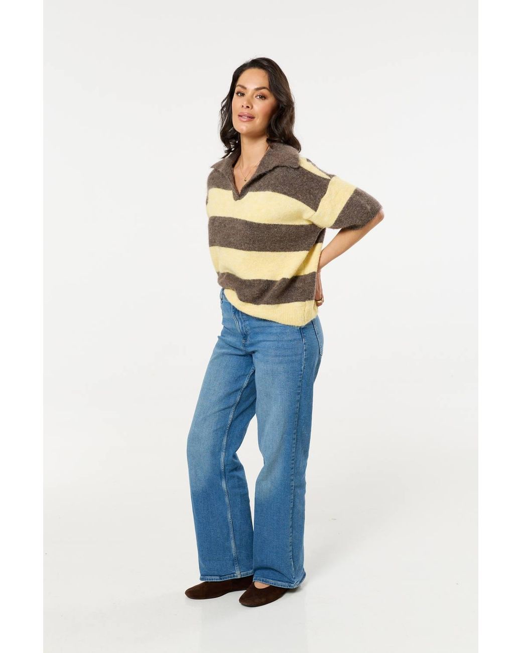 Liquorish Blue Light Stripe Wool Blend Knitted Polo Jumper