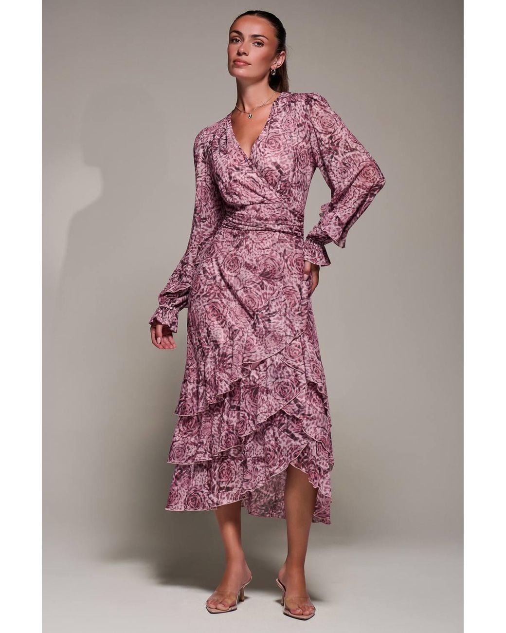 Jolie Moi Pink Long Sleeve Frill Detail Mesh Maxi Dress