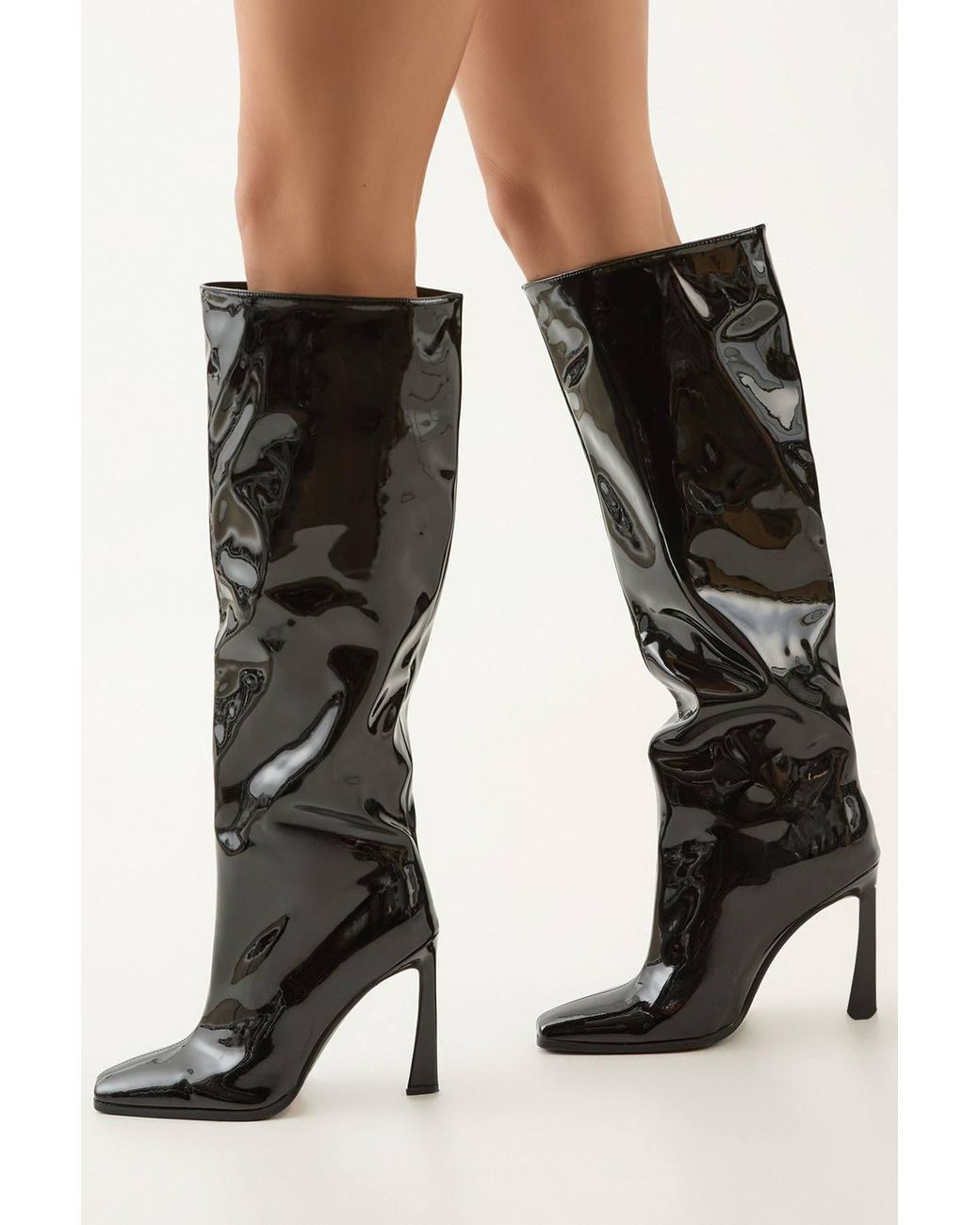 MissPap Black Faux Patent High Flared Stiletto Heel Knee Boots