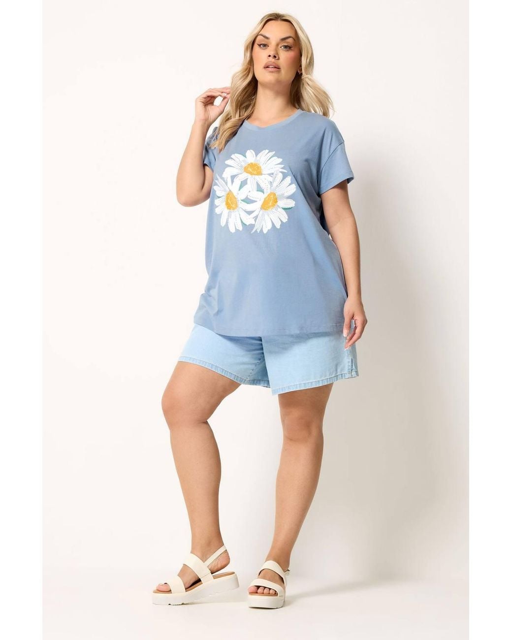 Yours Blue Studded Daisy T-Shirt
