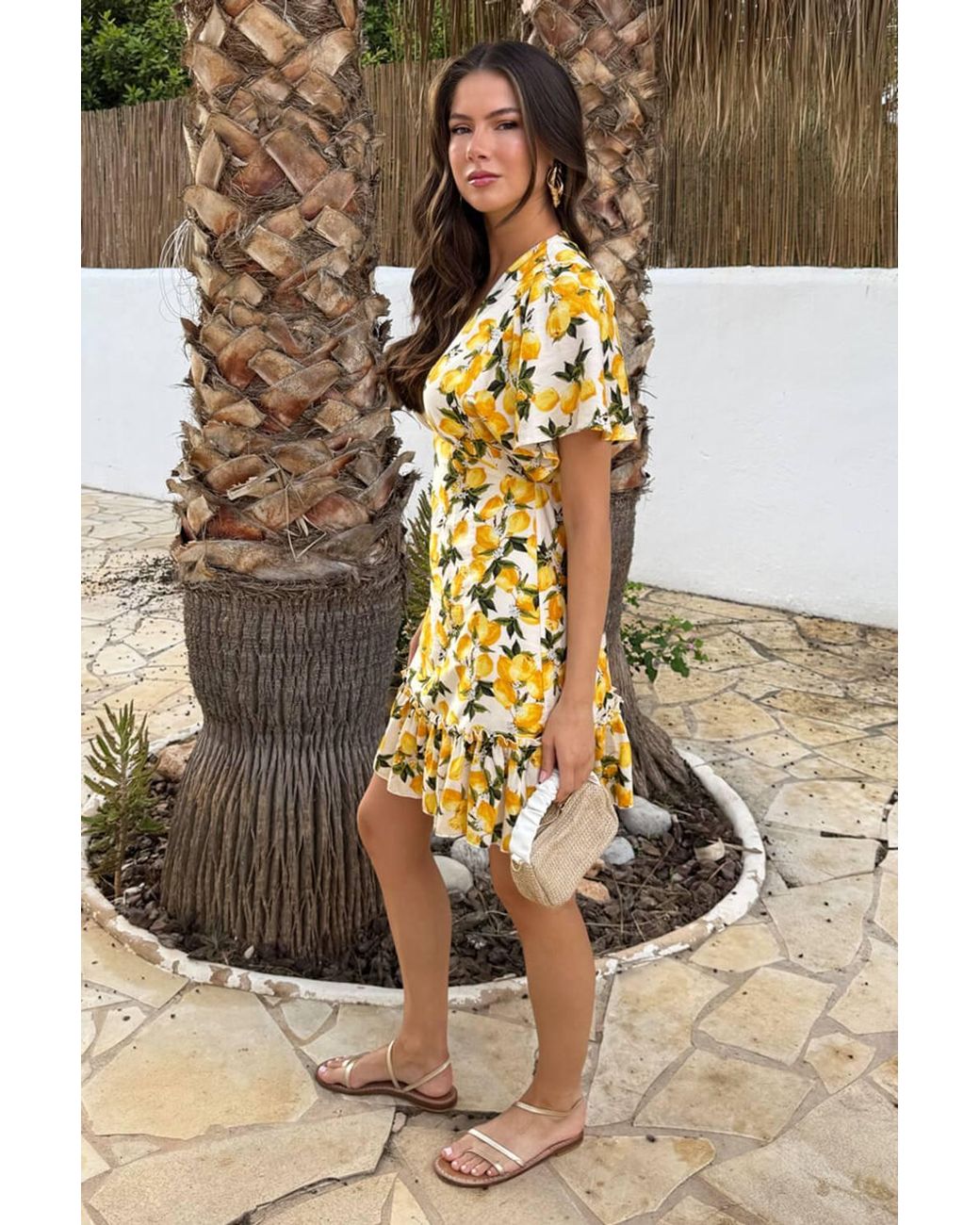 AX Paris Natural Lemon Print V Neck Frill Hem Mini Dress