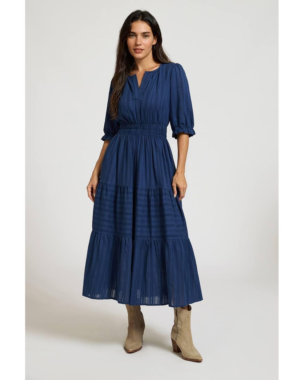 FS Collection Blue Half Sleeve Cotton Floral Jacquard Tiered Midi Dress
