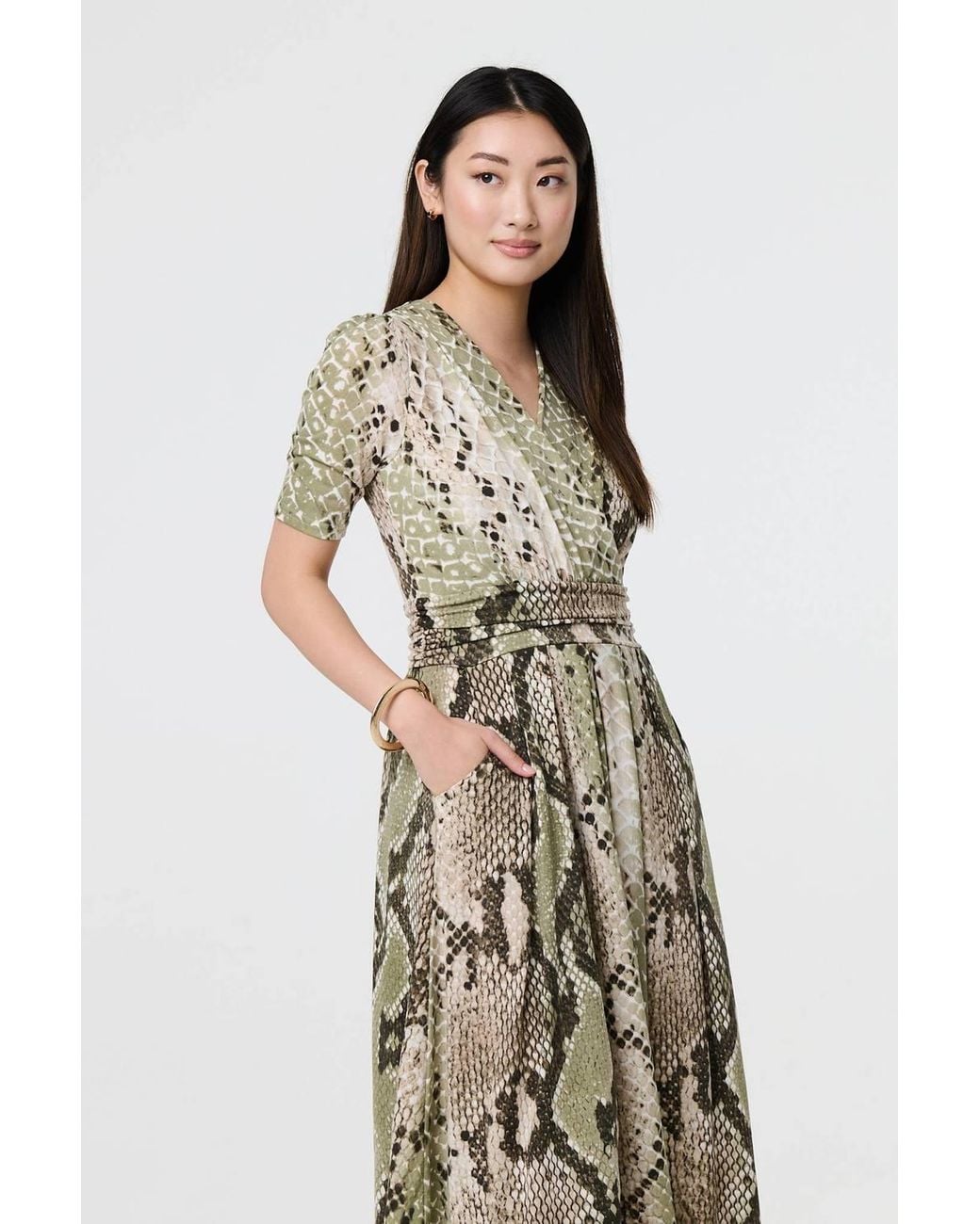 Izabel London Green Snake Print 1/2 Sleeve Jersey Midi Dress