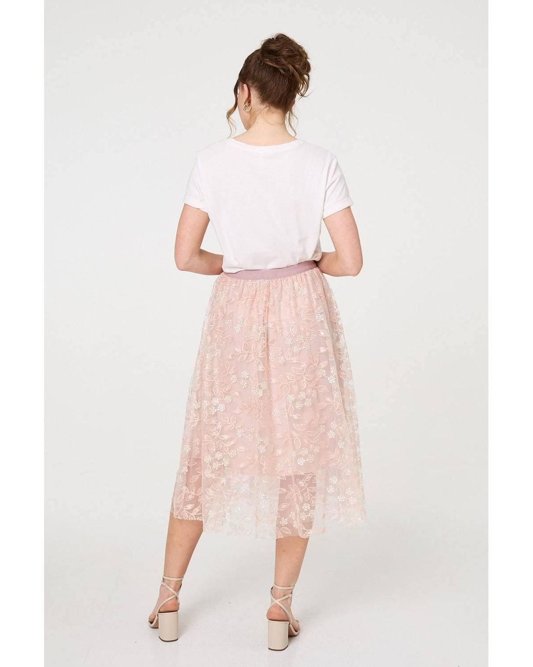 Izabel London Pink Floral Mesh Layered Midi Skirt