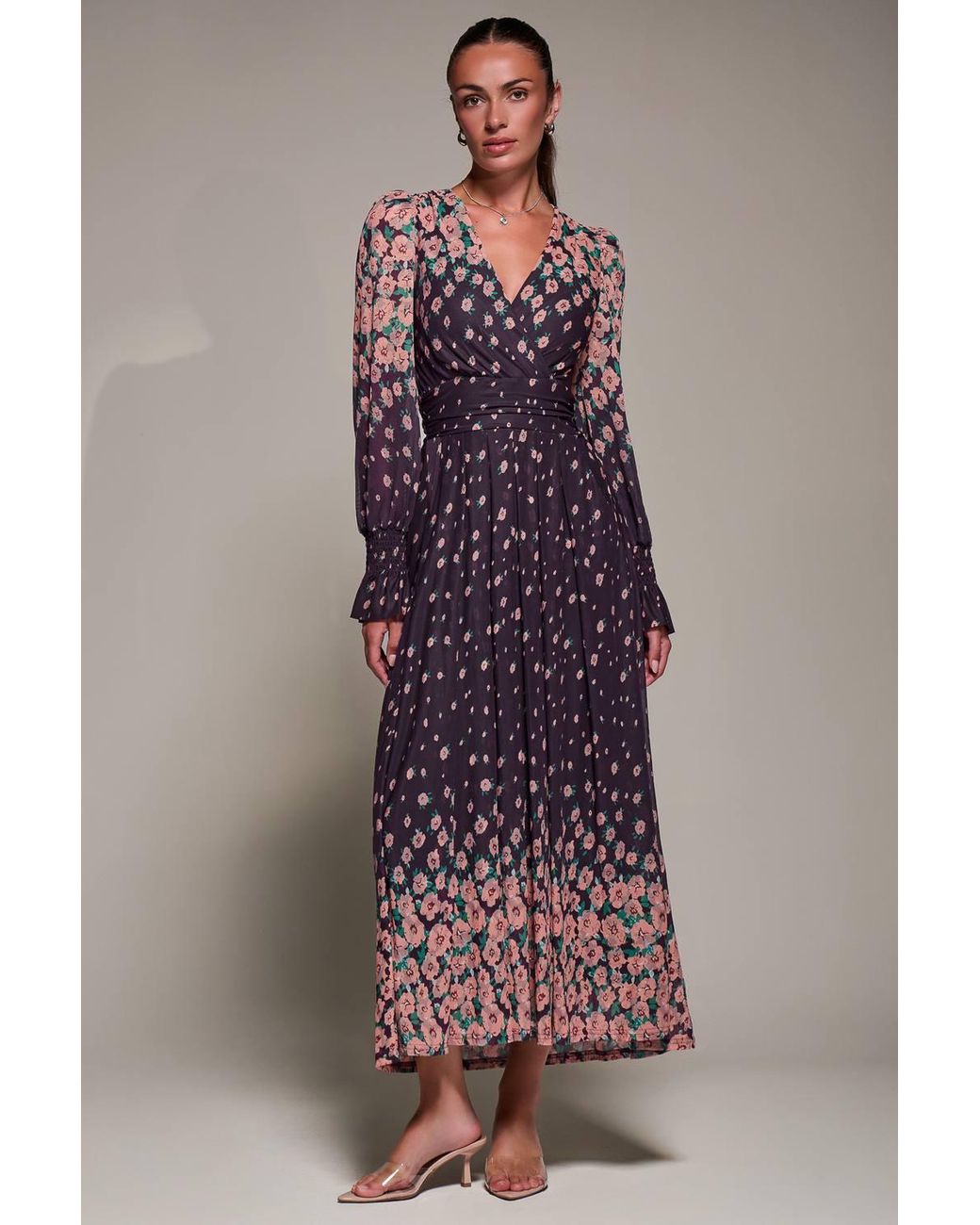 Jolie Moi Purple Mirrored Print Long Sleeve Mesh Maxi Dress