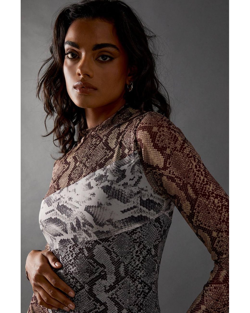 Warehouse Black Panelled Print Mesh Midi Dress