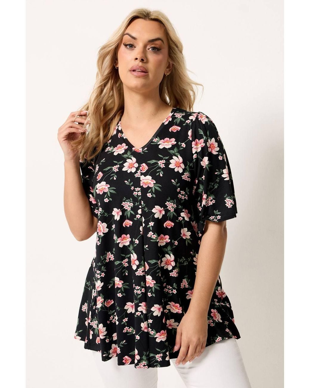 Yours Black Floral Pleat Front Top
