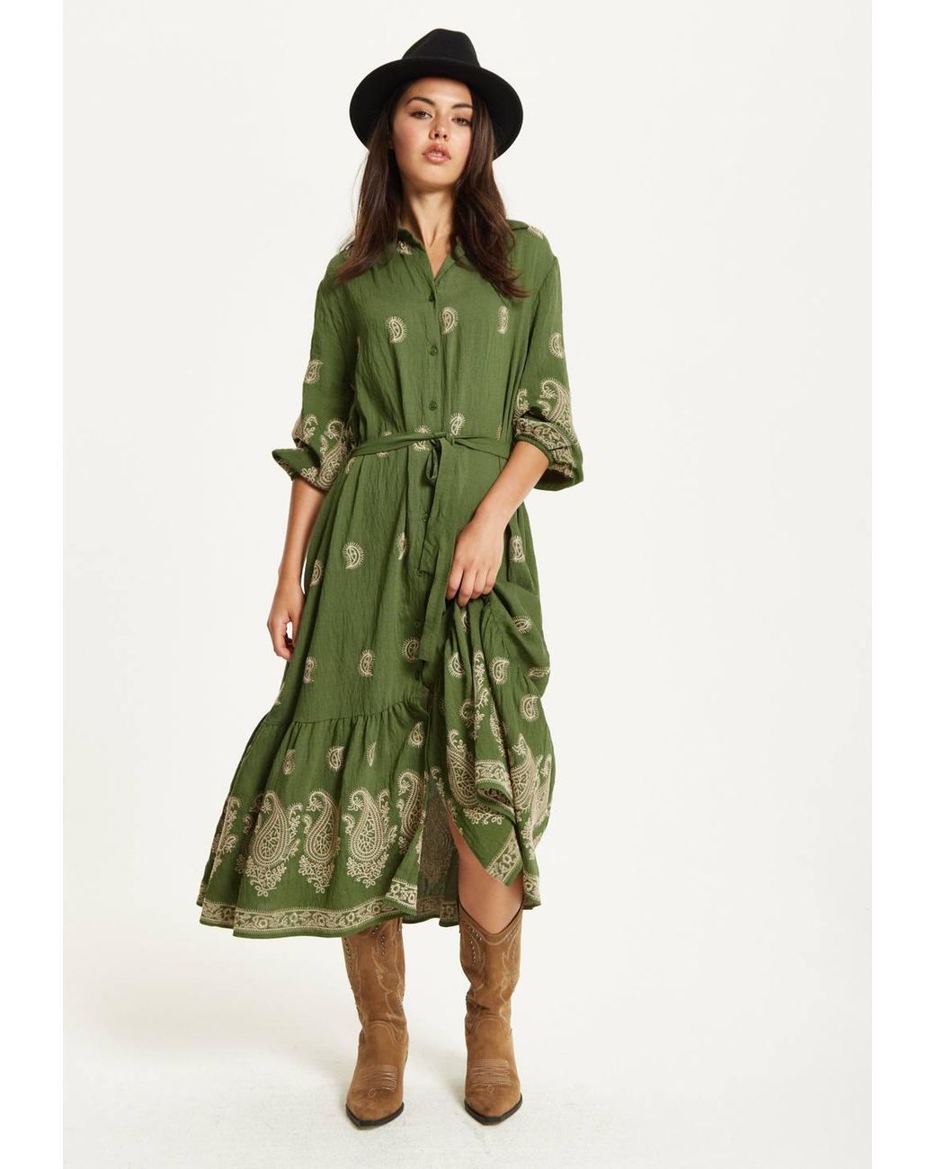 Liquorish Green Paisley Embroidered Midi Shirt Dress