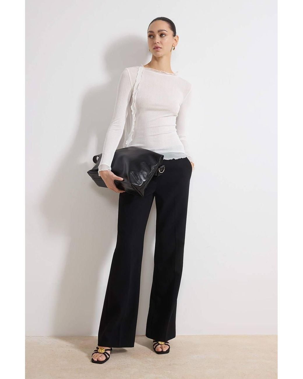 WOVCOR White Transparent Fitted Long Sleeve Frill Detail Textured Knit Blouse
