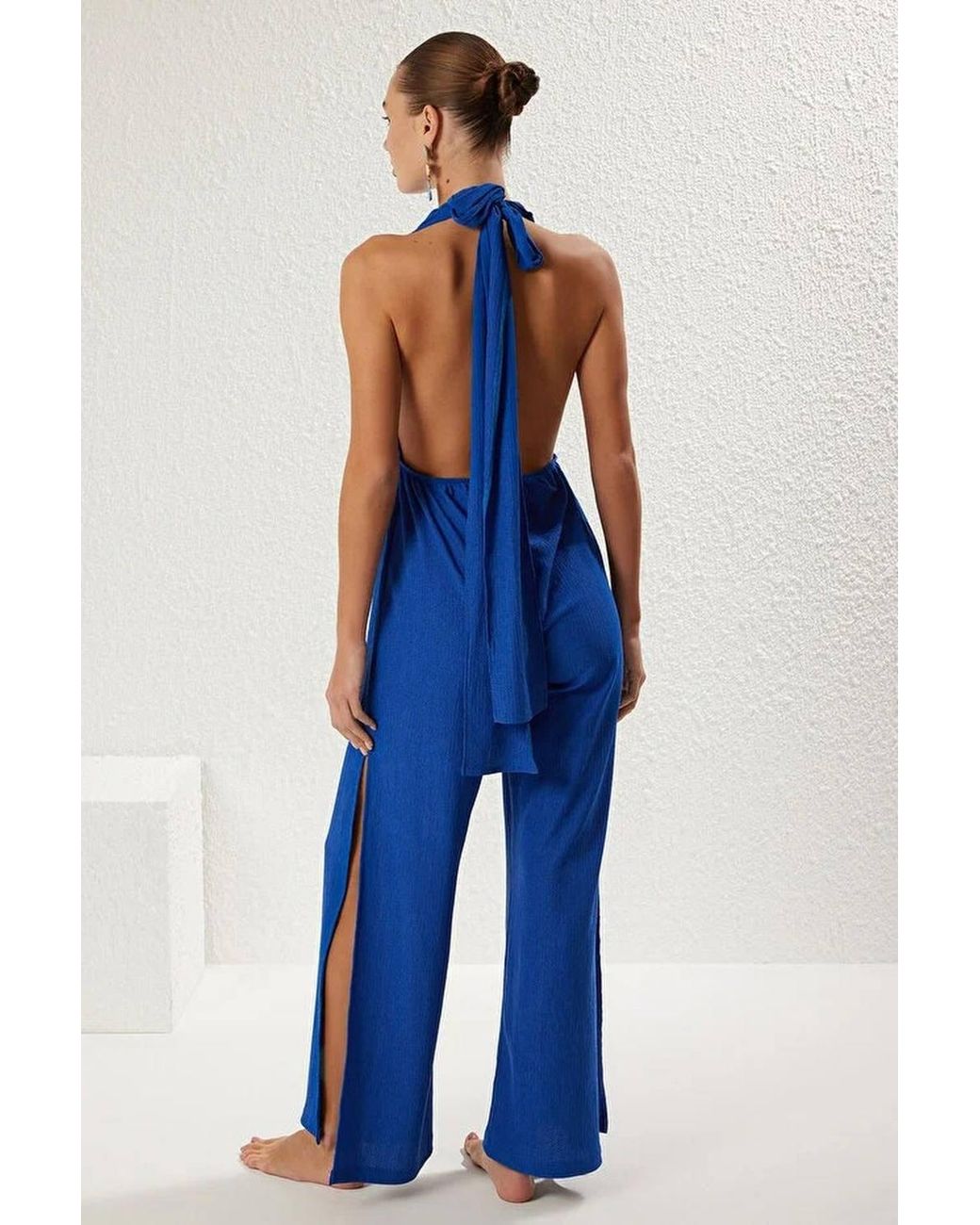WOVCOR Blue Plunge Tie Waist Wide Leg Jumpsuit