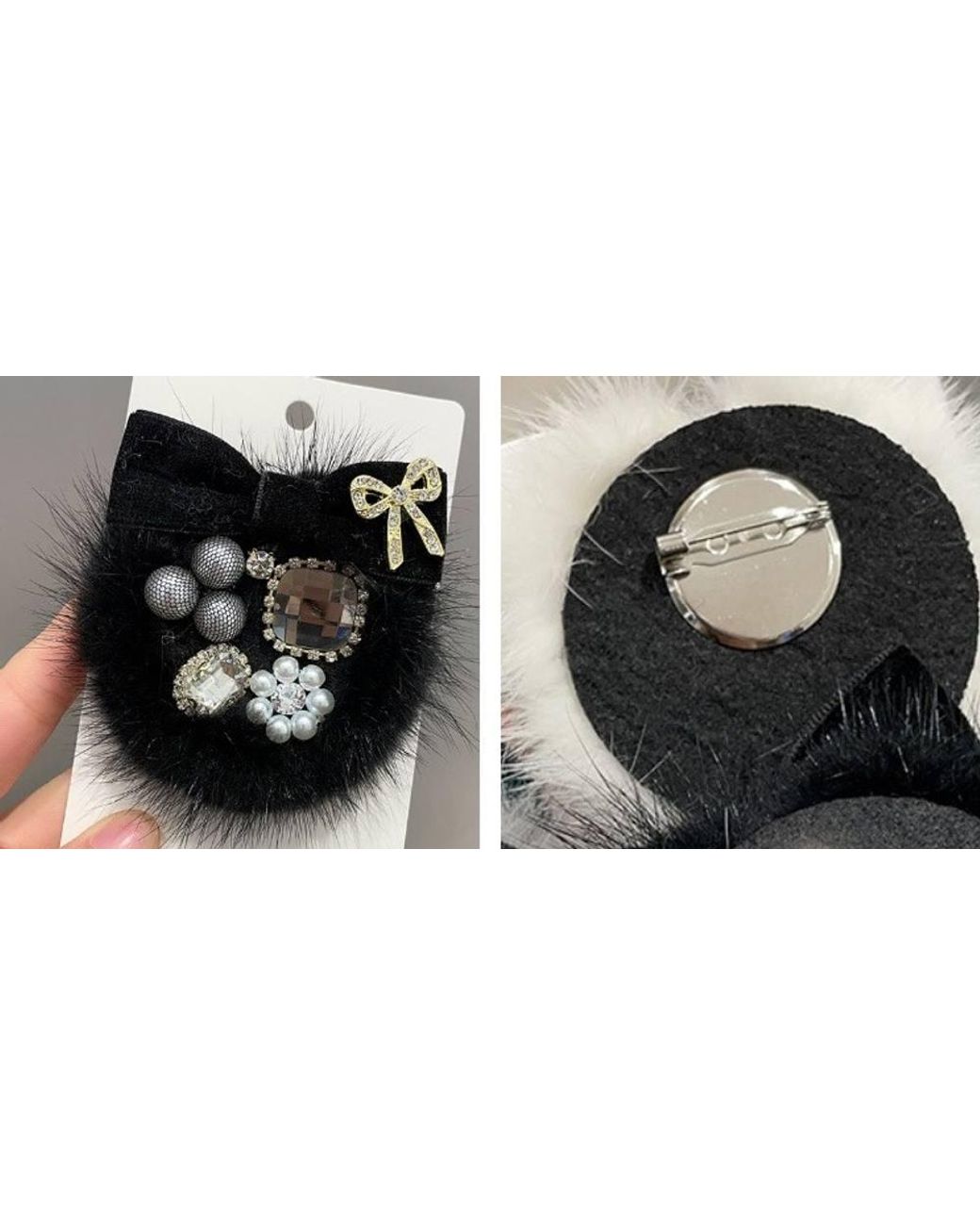Peach Accessories Black Faux Fur Brooch W/ Velvet Bow & Gems