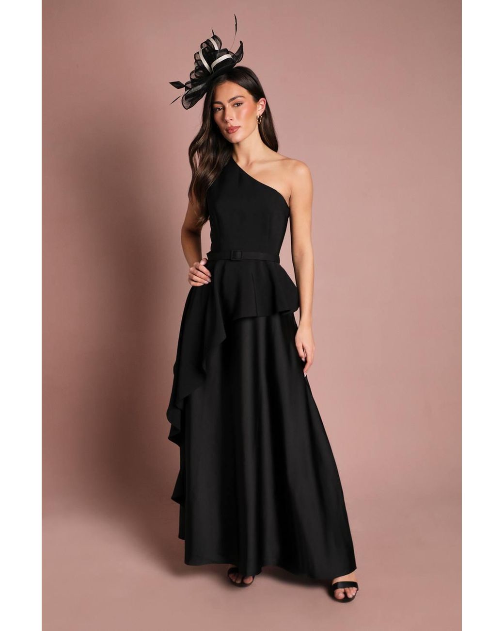 Coast Black One Shoulder Ruffle Detail Satin Maxi Dress