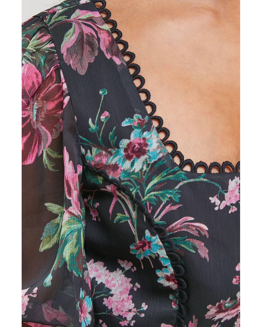 Oasis Multicolor Printed Square Neck Scallop Edge Puff Sleeve Midi Dress