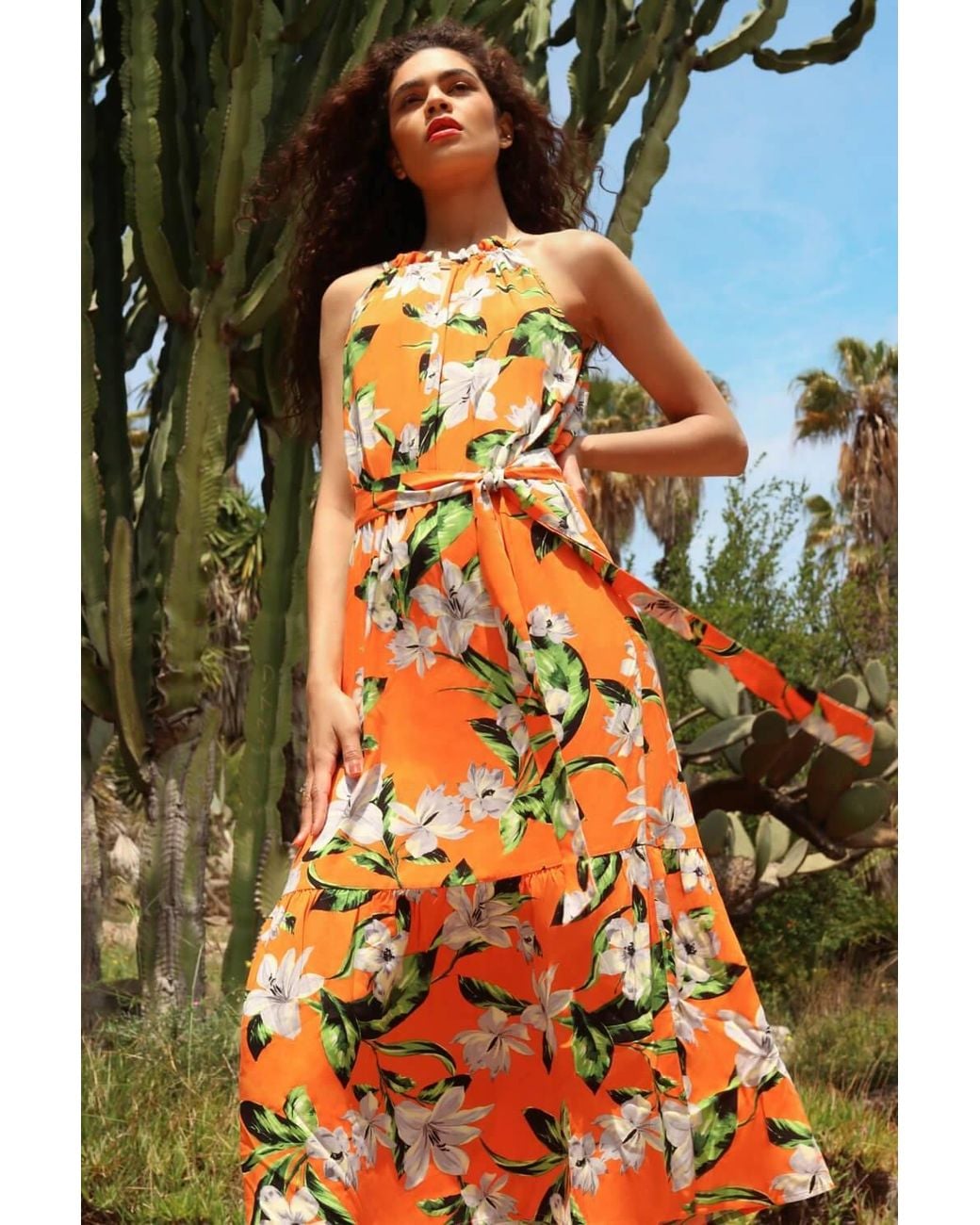 Roman Orange Tropical Floral Halter Neck Tiered Dress