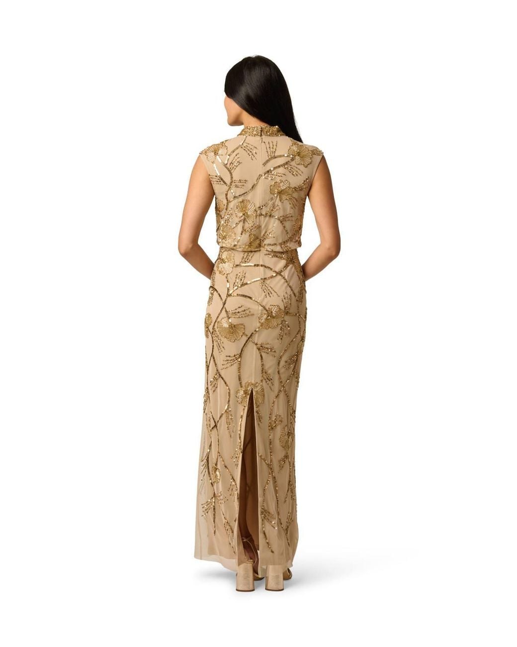 Adrianna Papell Metallic Mock Neck Beaded Long Dress