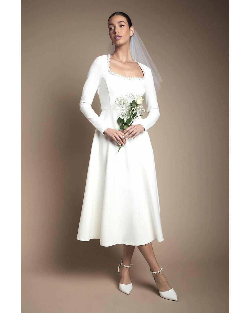 Coast Brown Crystal Trim Ponte Long Sleeve Midi Wedding Dress