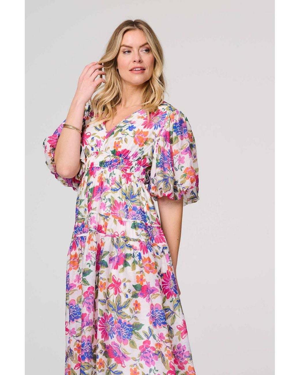 Izabel London Pink Floral 1/2 Puff Sleeve Midi Dress