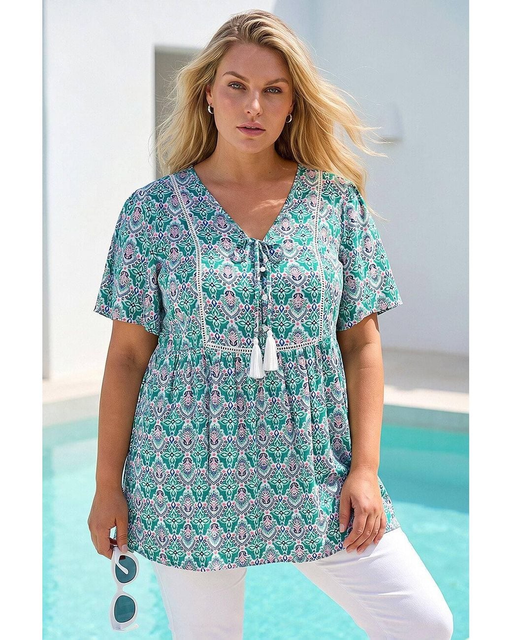 Roman Blue Curve Tie Front V-Neck Boho Printed Top