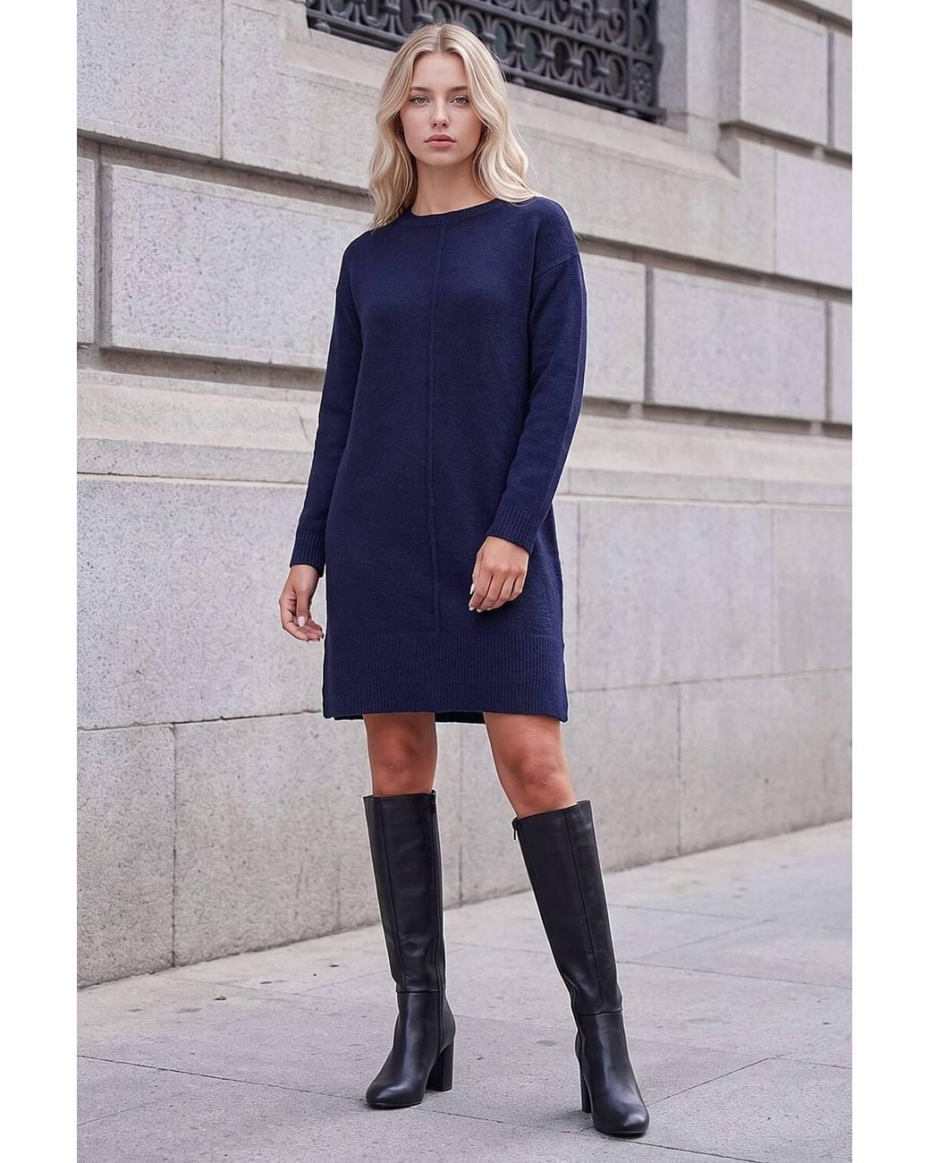 Roman Blue Petite Knitted Pintuck Shift Dress
