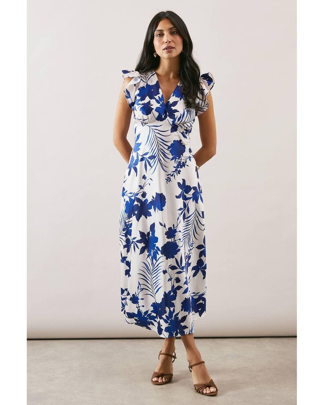 Wallis Blue Floral Print Bias Cut Satin V Neck Dress