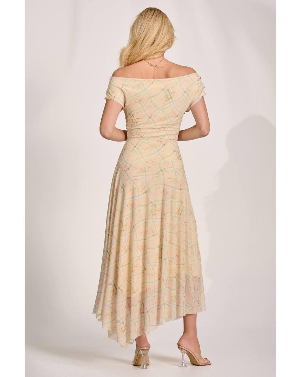 Jolie Moi Natural Asymmetric Draped Mesh Maxi Dress