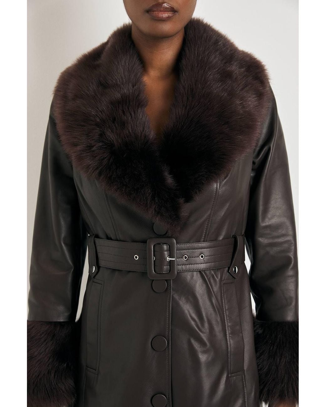 Karen Millen Brown Shearling Cuff & Collar Leather Coat