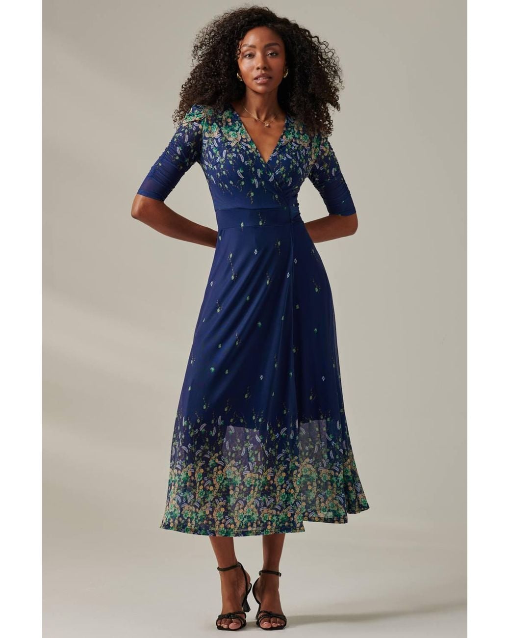 Jolie Moi Blue Half Sleeve Floral Wrap Dress
