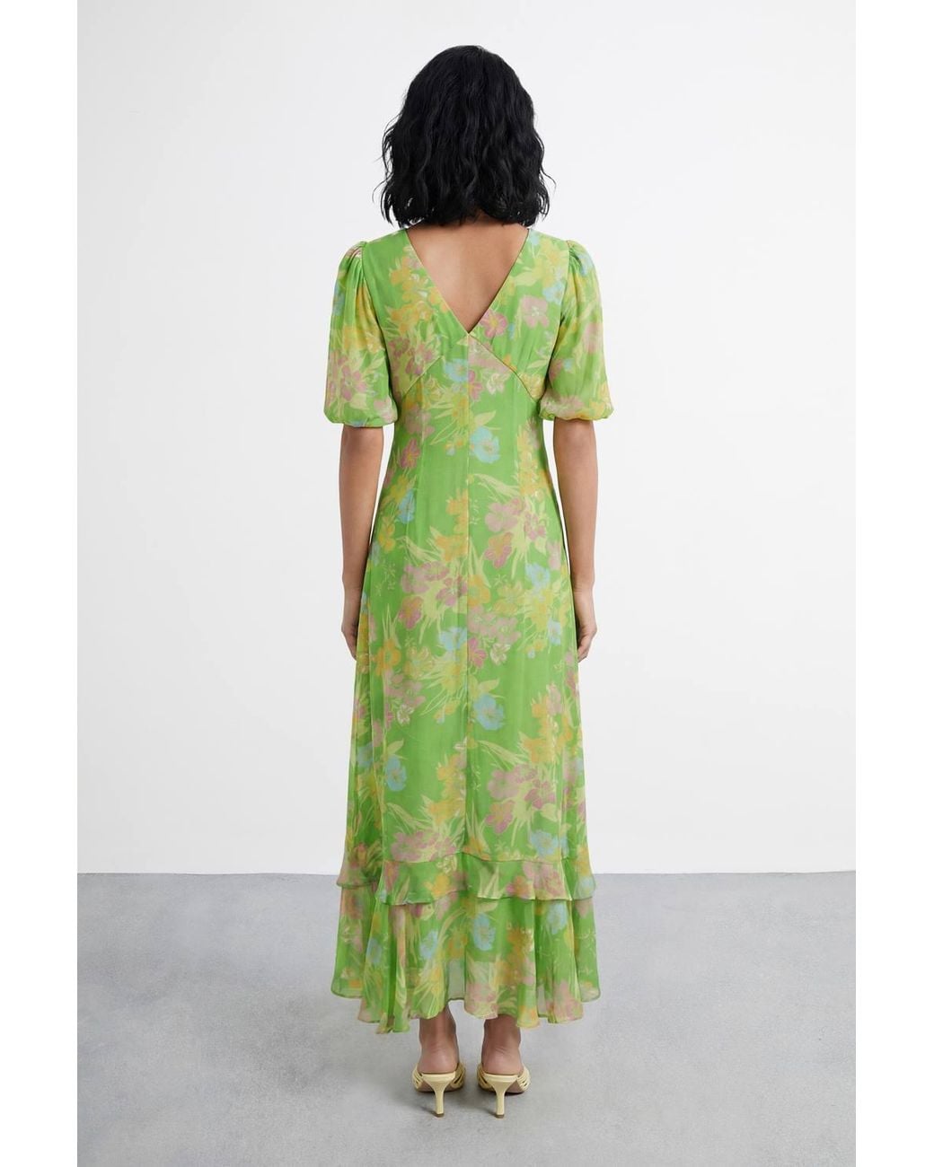 Warehouse Green Floral Printed Viscose Floral Midi Dress