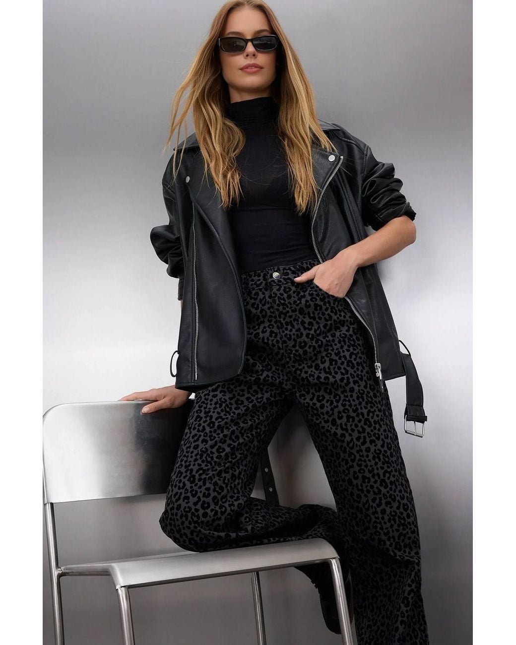 WOVCOR Black Leopard Print High Waist Suede Look Wide Leg Trousers