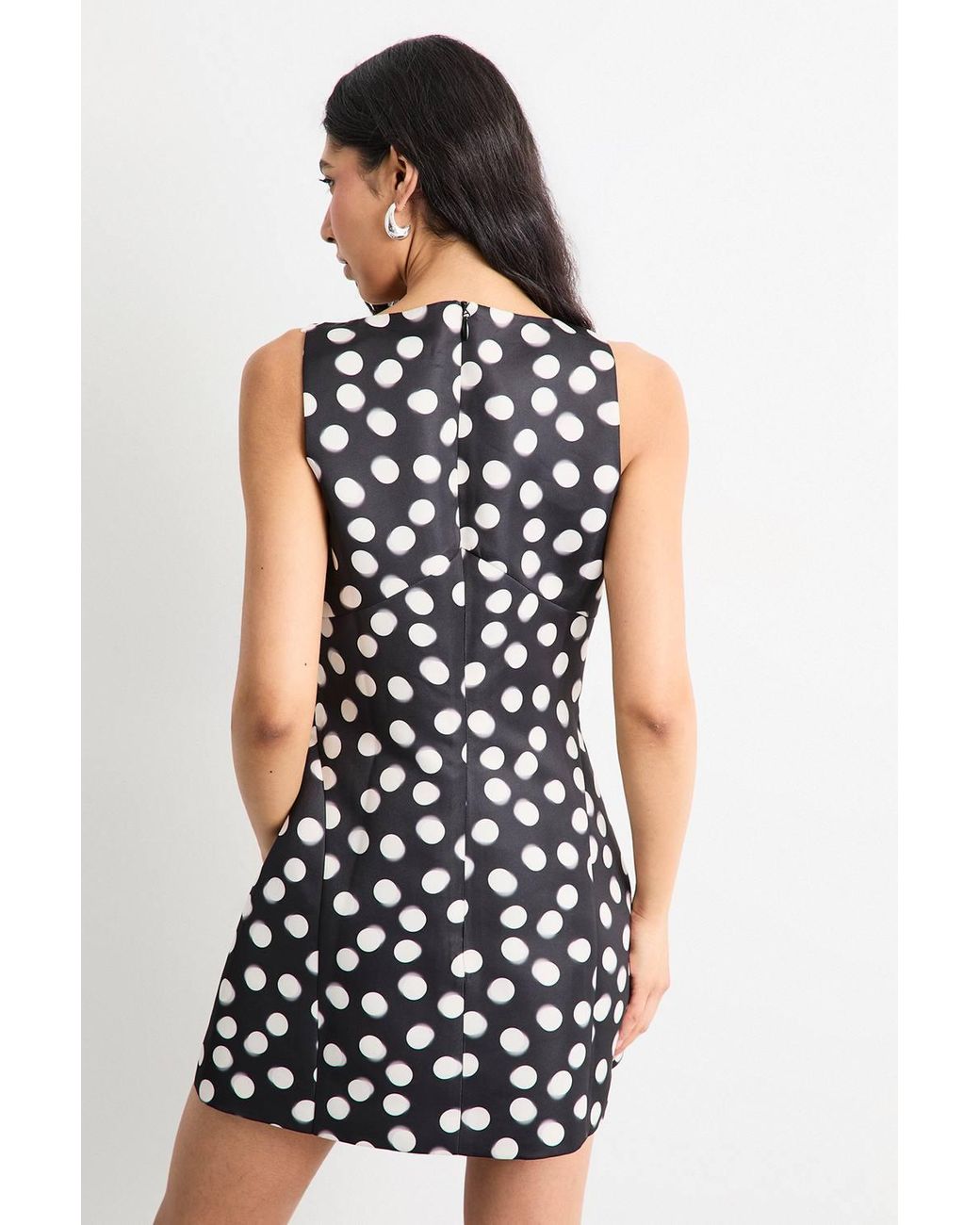 Warehouse Black Satin Structured Polka Dot Print Mini Dress