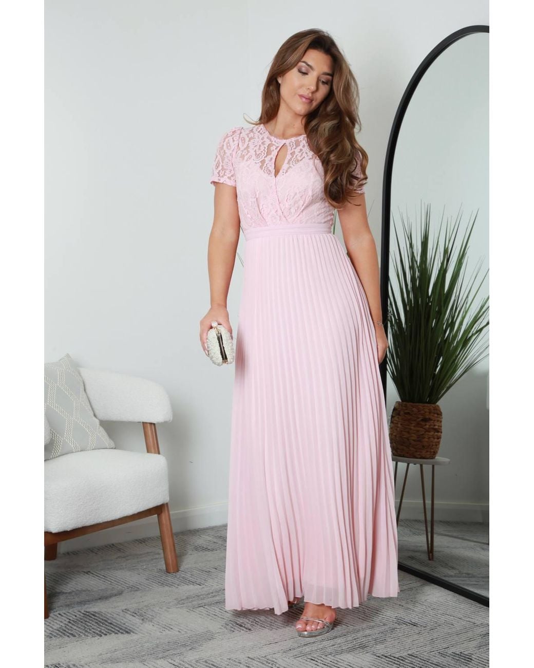 Double Second Pink Lace Keyhole Pleated Maxi Dress
