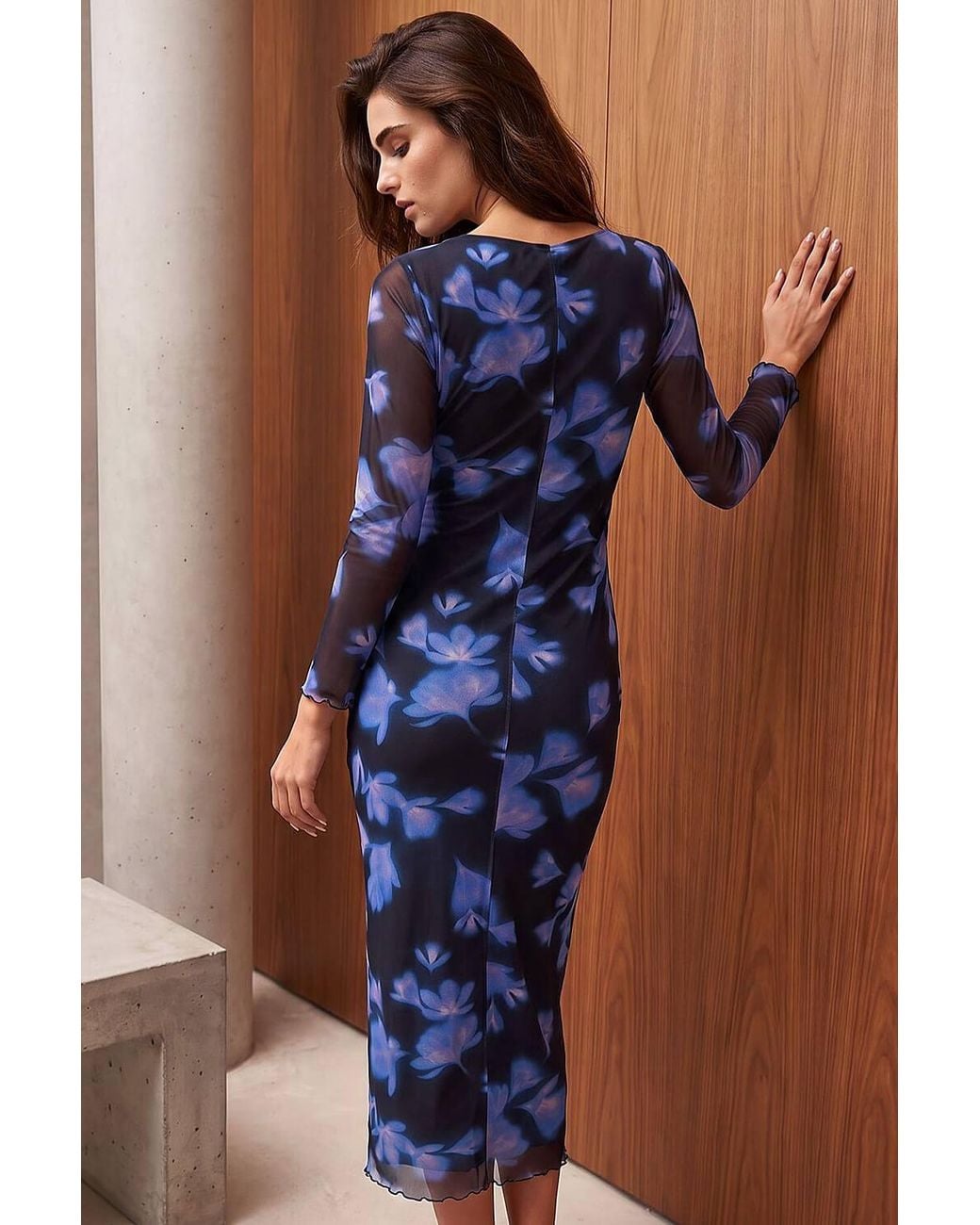 Roman Blue Petite Printed Mesh Midi Dress